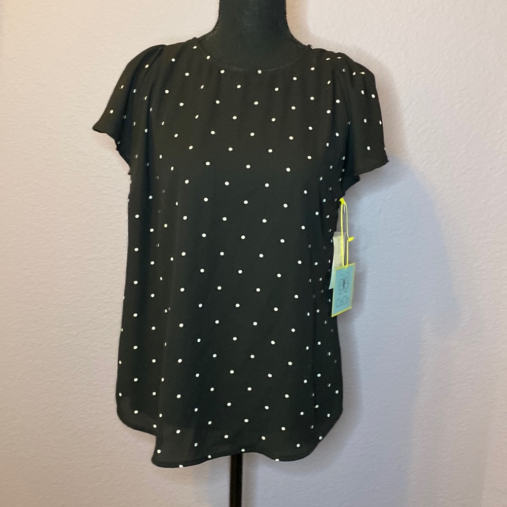 Black with white polka dots crew neck blouse